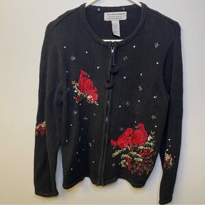 Tiara International Women's Zip Holiday Sweater Black Cardinals Medium Christmas